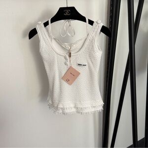 Miu Miu Ivory Textured Lace-Trim Tank Top